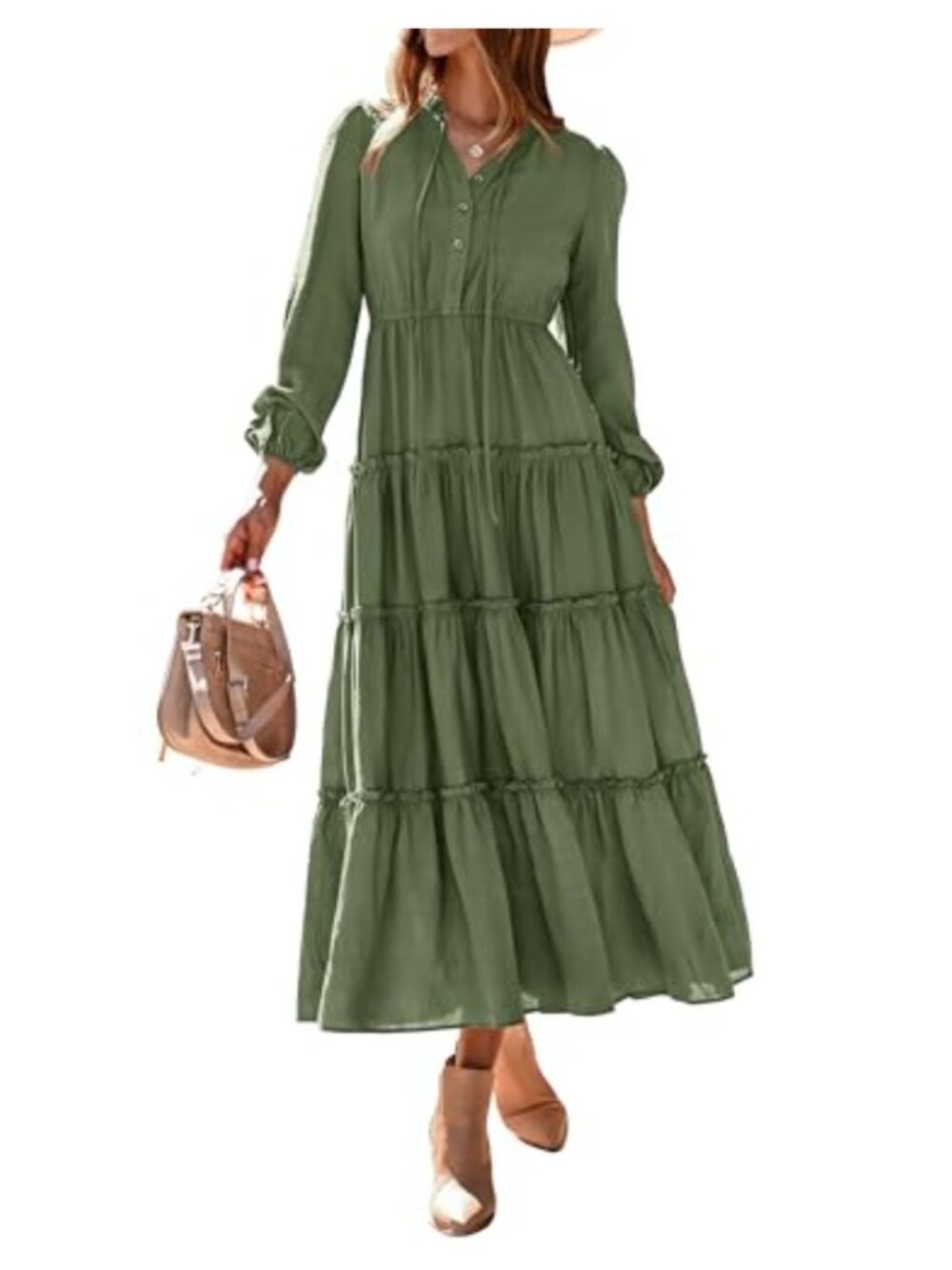 Long Sleeve V-Neck A-Line Tiered Maxi Dress